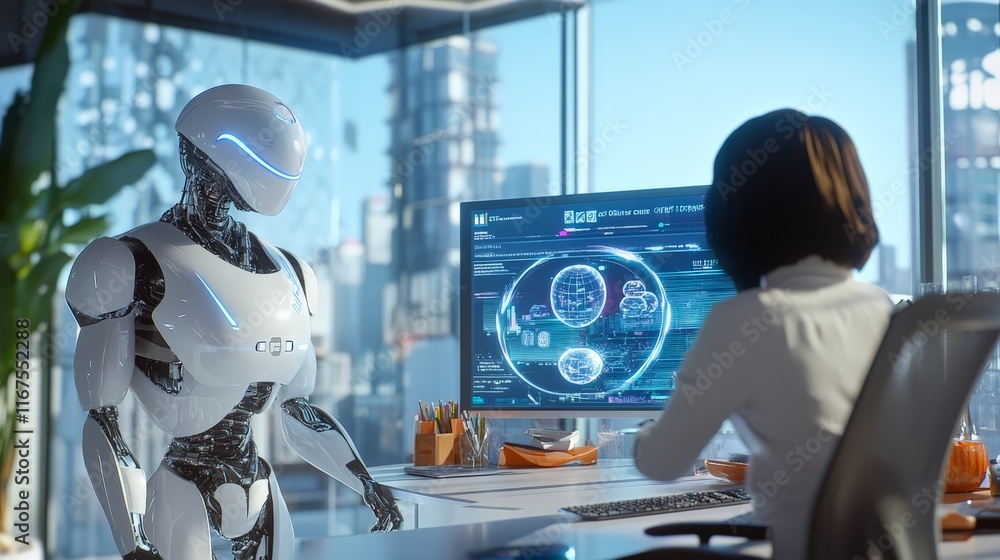 Fototapeta premium AI Helping Humans Analyze Data in a Futuristic Office.