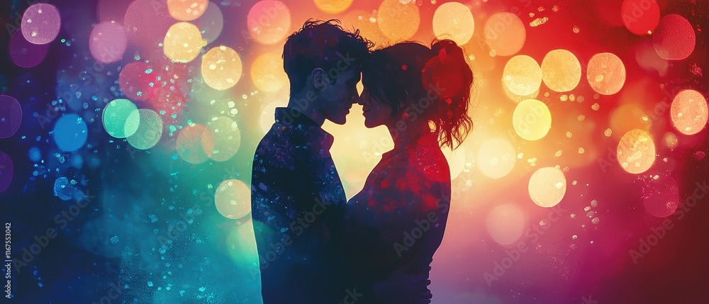 Valentine lgbtq pride romance city nightscape couple embrace in colorful bokeh love and unity Valentine lgbtq pride romance city nightscape couple embrace in colorful bokeh love and unity