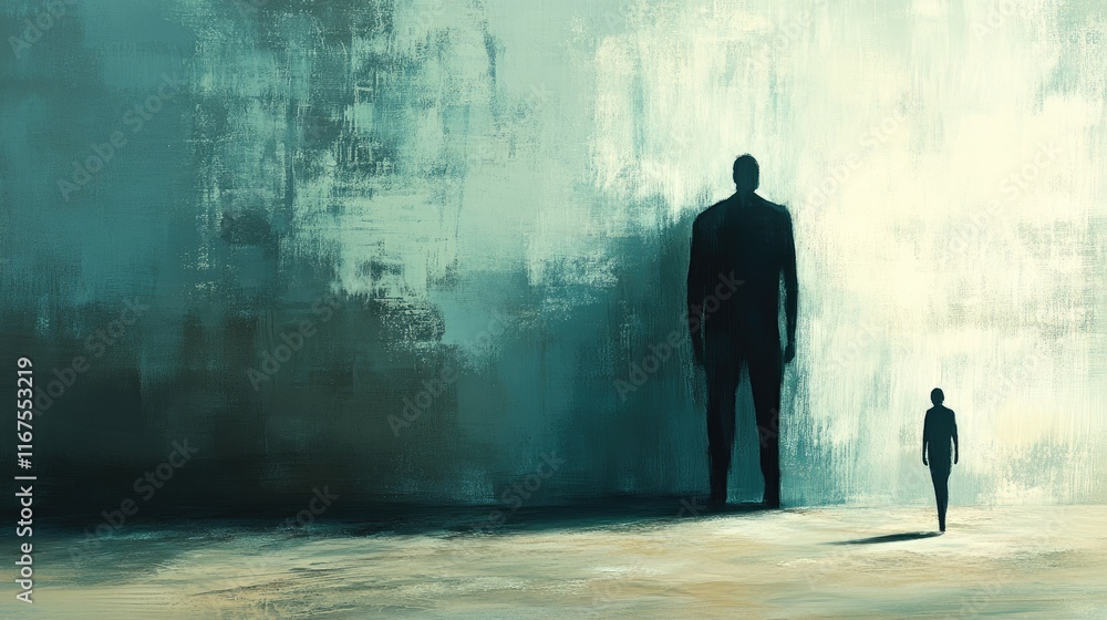 Fototapeta premium A contrasting depiction of a large shadowy figure looming over a smaller person, symbolizing fear.