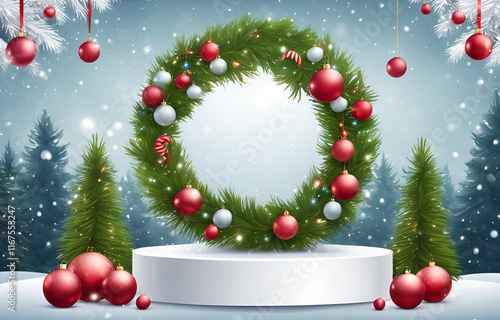 Christmas Background with Cylindrical Podium for Promotions - Round Stage for Presentation Sale Product, Stage Pedestal or Platform in Snow Between Xmas Trees, Glass Balls Hanging, Vector Illustration photo