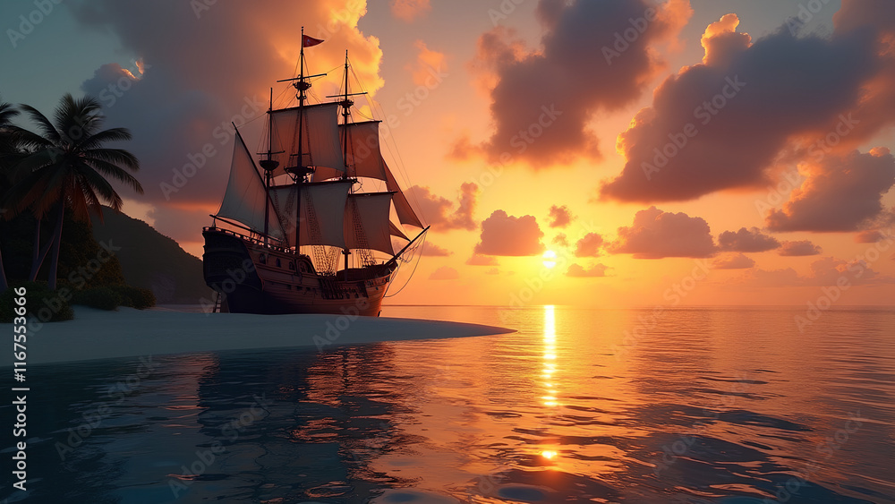 Fototapeta premium Sailing Ship Anchored at Tropical Sunset