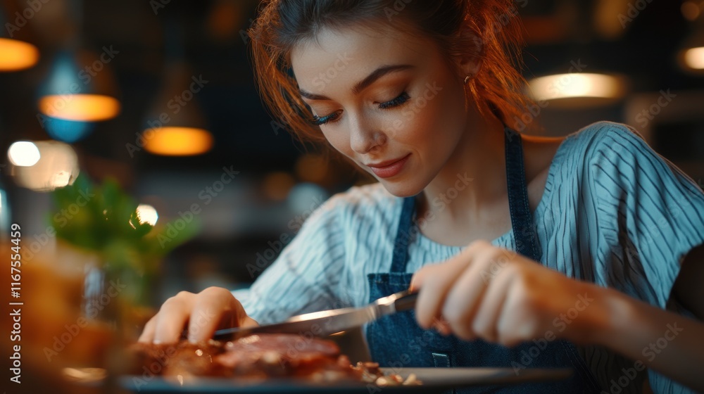 Fototapeta premium Woman Enjoying Delicious Steak Dinner at a Cozy Restaurant