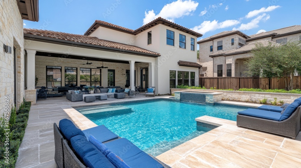 Fototapeta premium Luxury Backyard Oasis: Stunning Pool and Patio Design