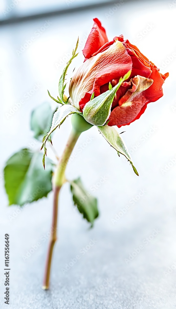 Red rose slightly wilted with green stem. Red rose slightly wilted with green stem.