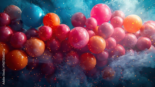 A festive balloon drop at the stroke of midnight, filling the room with color and excitement for 2025. Celebrate with fun and exuberance