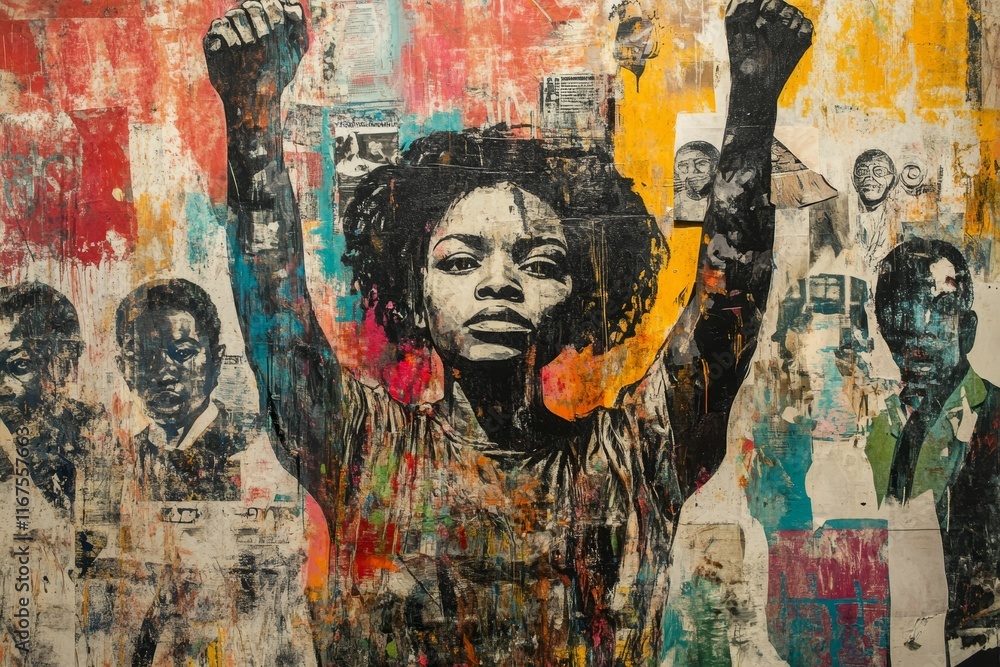 Fototapeta premium Abstract collage, powerful woman, raised fists, layered textures.