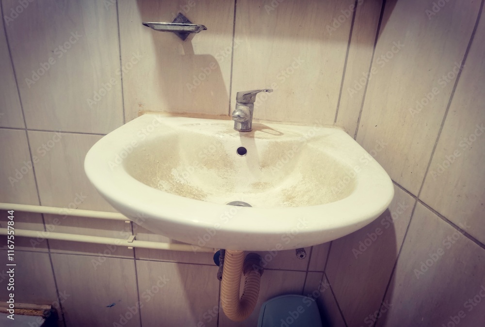 Fototapeta premium faucet on the sink. Heavy lime scale buildup and dirty on old tap and sink