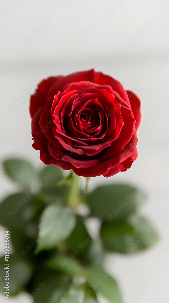 Red rose with green stem against a blurred, white background. Red rose with green stem against a blurred, white background.