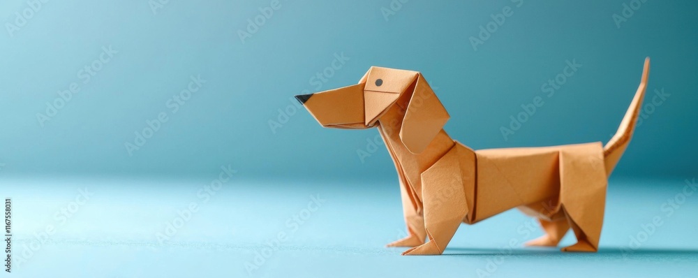 Fototapeta premium Creative origami dachshund dog model studio setup photography colorful background artistic perspective