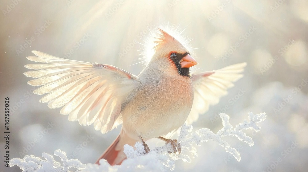 Fototapeta premium Cardinal bird in winter wonderland snowy landscape nature ethereal environment serene viewpoint radiant beauty