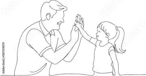 Man high-fiving with his little daughter in continuous line art drawing style