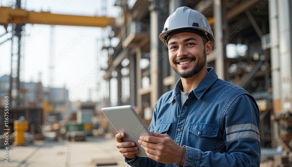 Skilled worker smiling while holding tablet on industrial site Skilled worker smiling while holding tablet on industrial site