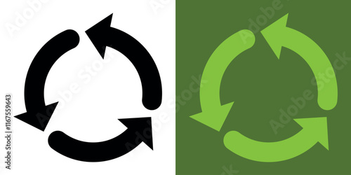 Recycling icon. 3 green arrows. An arrow that spins endlessly. Reuse of materials, zero waste. Recycled.