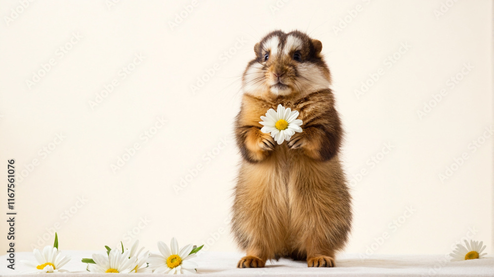 Obraz premium Groundhog holding spring flower, daisy in hands, paws. Feeling and looking happy, relaxed. Groundhog Day celebration