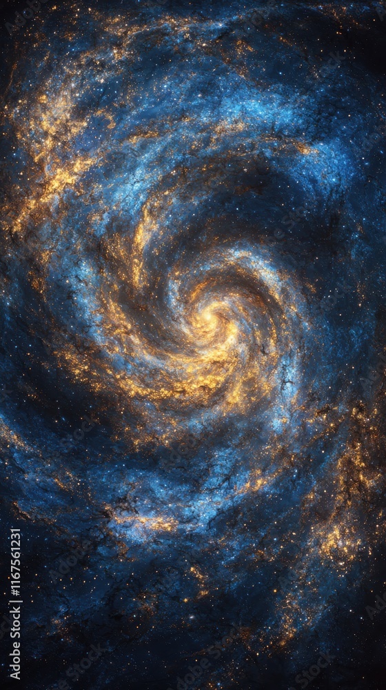 Fototapeta premium Dynamic swirling blue and gold galaxy cosmic space digital art stunning visuals awe-inspiring universe