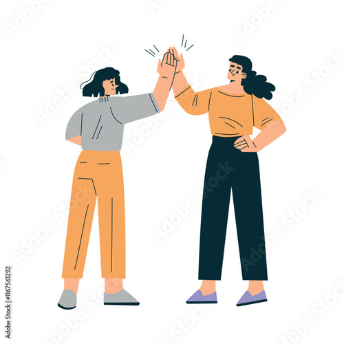Woman Give High Five as Successful Partnership and Teamwork Gesture Vector Illustration