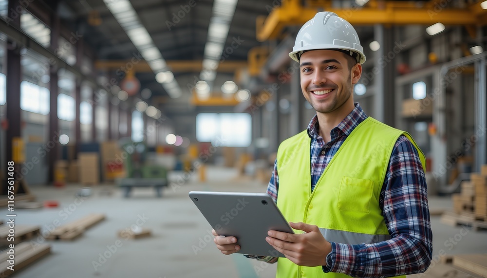Skilled worker smiling while holding tablet on industrial site Skilled worker smiling while holding tablet on industrial site