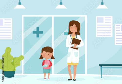 Sick Girl with Bandaged Hand at Doctor Appointment Feel Unwell and Unhealthy Vector Illustration