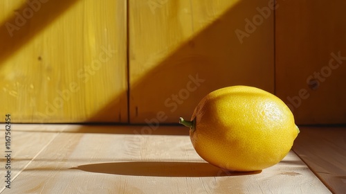 Single lemon on wooden surface, sunlit. photo