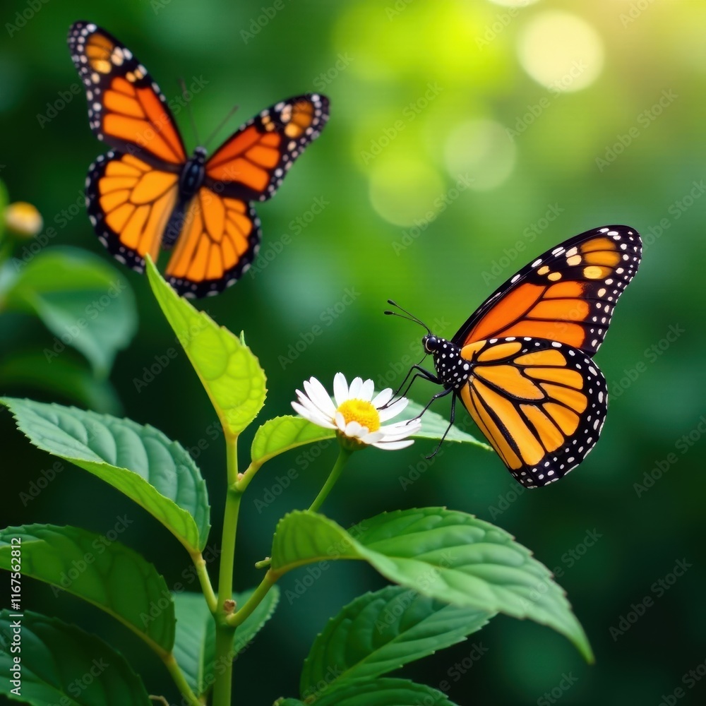 Vibrant monarch butterflies on lush green foliage, summer, texture, leaf Vibrant monarch butterflies on lush green foliage, summer, texture, leaf