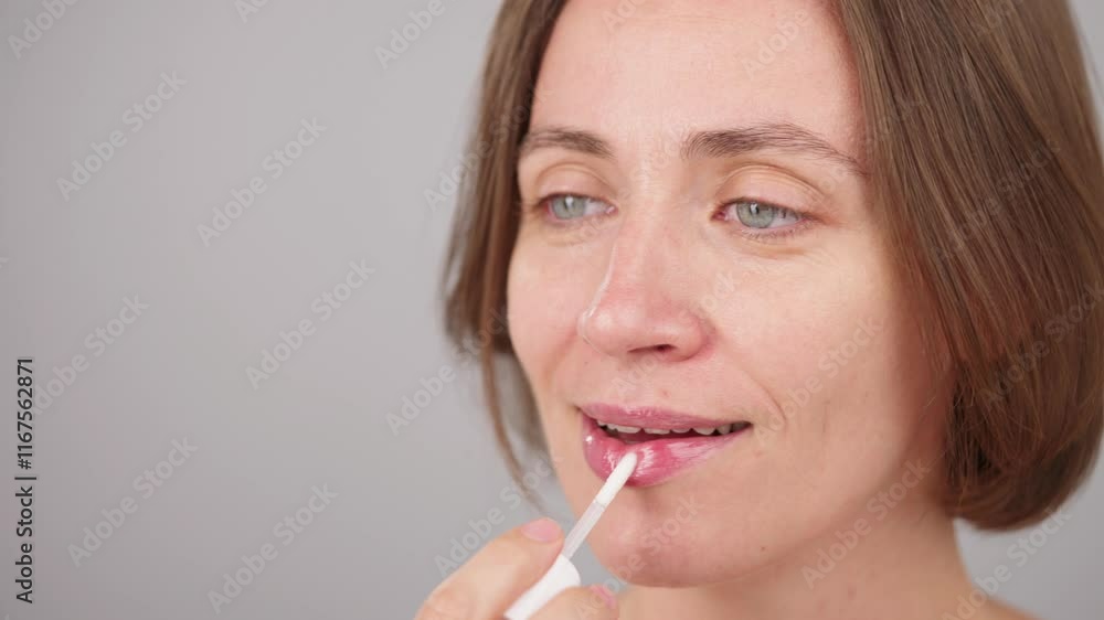 Beauty brunette woman applying lip gloss or hygienic lipstick in studio isolated on grey background. Natural makeup. Beauty routine. Skincare. Copy space. Cosmetics advertising. Slow motion Beauty brunette woman applying lip gloss or hygienic lipstick in studio isolated on grey background. Natural makeup. Beauty routine. Skincare. Copy space. Cosmetics advertising. Slow motion