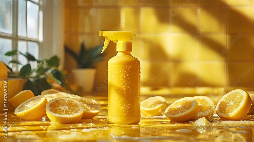 A bottle of lemon cleaner sits on a yellow countertop with a pile of lemons A bottle of lemon cleaner sits on a yellow countertop with a pile of lemons