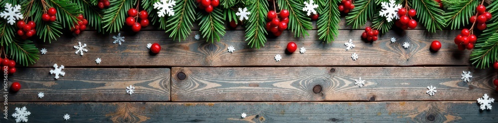 Weathered wood planks, garland, berries, snowflakes , rustic texture, wooden texture, rural Weathered wood planks, garland, berries, snowflakes , rustic texture, wooden texture, rural