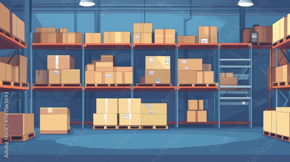 Warehouse Interior: Rows of Cardboard Boxes on Metal Shelving Warehouse Interior: Rows of Cardboard Boxes on Metal Shelving