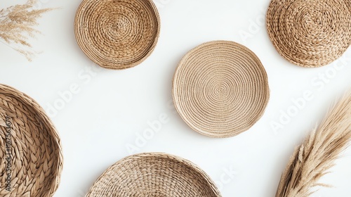 A minimalist image of handmade woven wall hangings isolated on a white background.--ar 16:9 photo