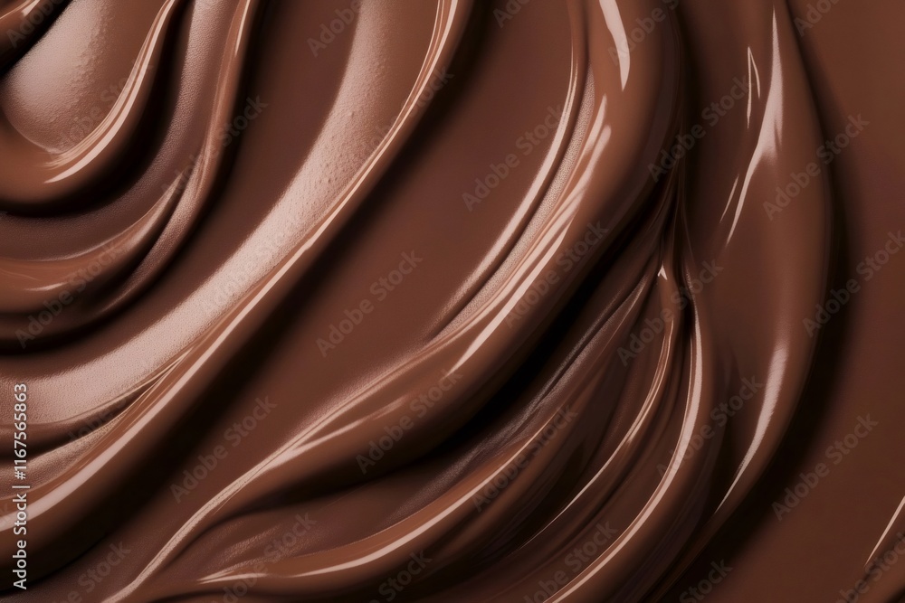 Glossy melted milk chocolate swirls reveal luxurious texture and rich golden-brown color for dessert inspiration Glossy melted milk chocolate swirls reveal luxurious texture and rich golden-brown color for dessert inspiration