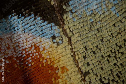 Old world swallowtail butterfly, inner colourful patch 8:1 microphotograph