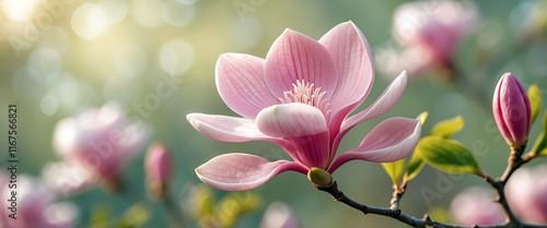 Panel kuchenny z motywem Różowy kwiat magnolii na gałęzi wiosennej z delikatnym tłem w naturalnym świetle