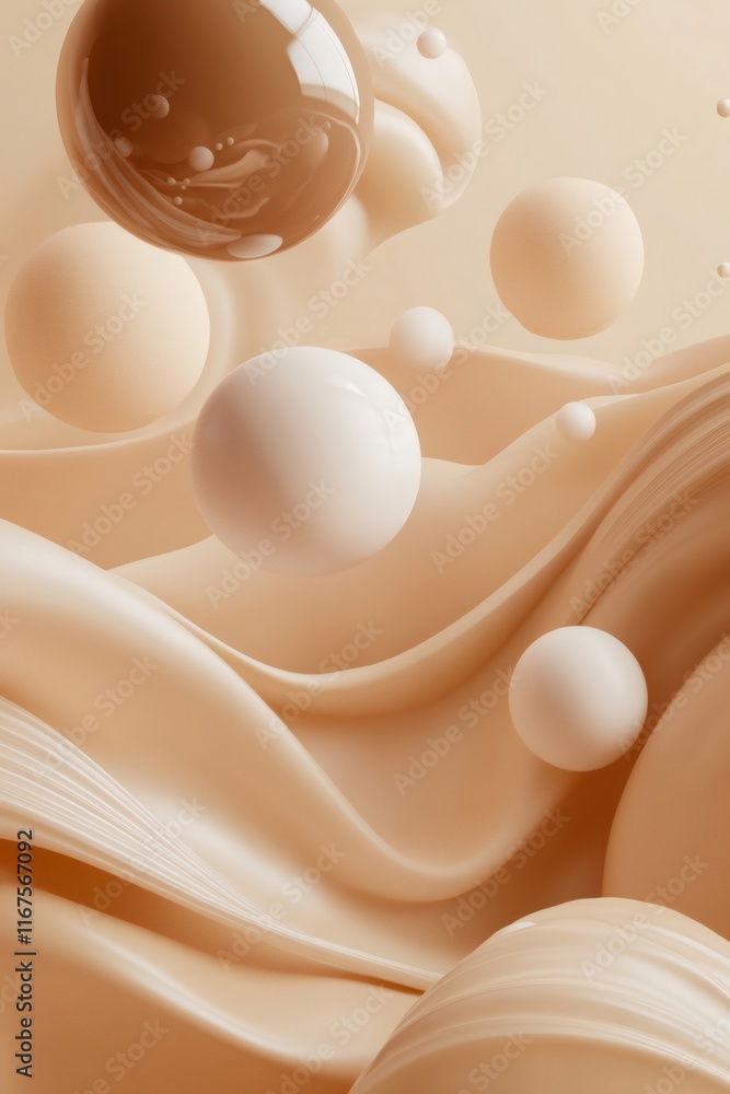 Elegant skincare product background with beige and brown spheres floating above cream waves Elegant skincare product background with beige and brown spheres floating above cream waves