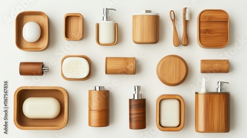 A top-view image of eco-friendly travel toiletry sets in bamboo containers on a white background.--ar 16:9 photo