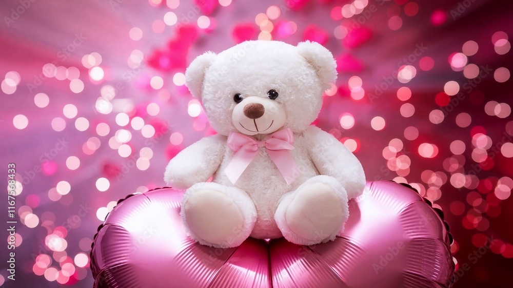 A cuddly teddy bear sits with red heart shaped balloons, bringing joy and warmth to a festive Valentines holiday occasion with a lovely pastel background, empty space A cuddly teddy bear sits with red heart shaped balloons, bringing joy and warmth to a festive Valentines holiday occasion with a lovely pastel background, empty space