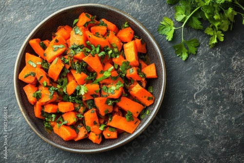 A bowl of roasted carrots garnished with fresh parsley on a slate surface. photo