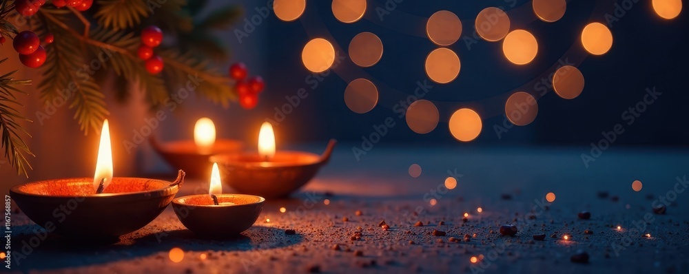 Glowing diya lamps & string lights on dark backdrop, festive decorations, image, good luck Glowing diya lamps & string lights on dark backdrop, festive decorations, image, good luck