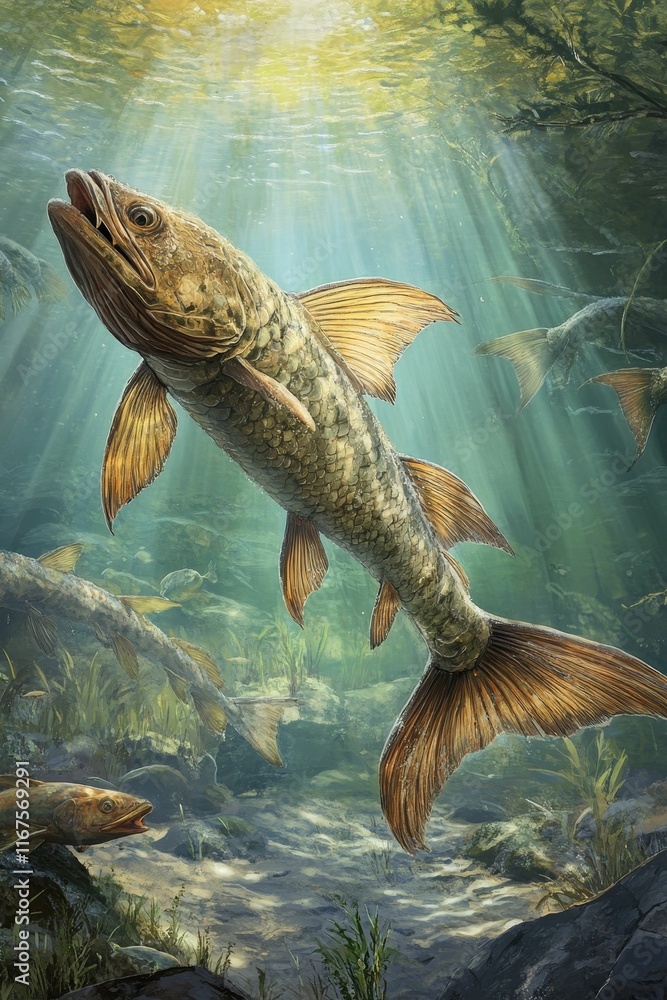 Fototapeta premium Large ancient fish swims, sunlit underwater scene.