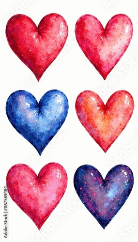 Set of painted hearts, watercolor and acrylic techniques, white backdrop , orange, wedding