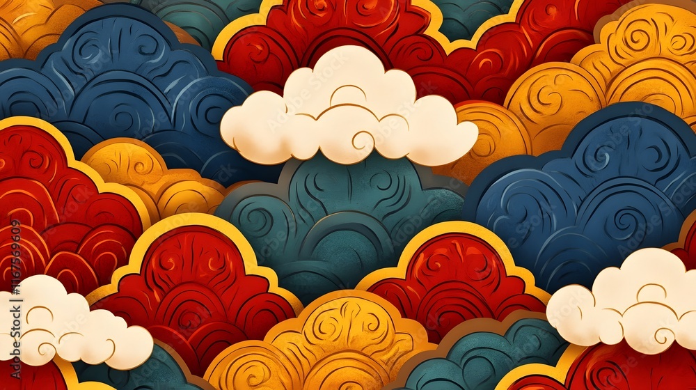 Auspicious Asian Temple Pattern with Dragon Scales and Clouds Auspicious Asian Temple Pattern with Dragon Scales and Clouds