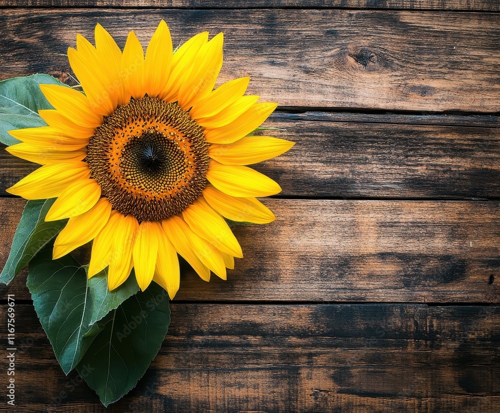 Fototapeta premium A bright yellow sunflower placed on a rustic wooden table.