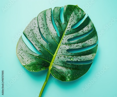 A vibrant green monstera leaf with droplets of water against a teal background. photo