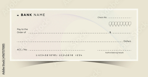 Blank Bank Chequebook. Money Payment Check Background Template. Secure Business Financial Transactions Cheque. Empty Cash Checkbook for Donations, Coupons, and Winner Award