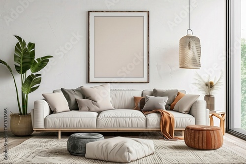 Cozy modern living room featuring neutral colors and plant decor in a sunlit space