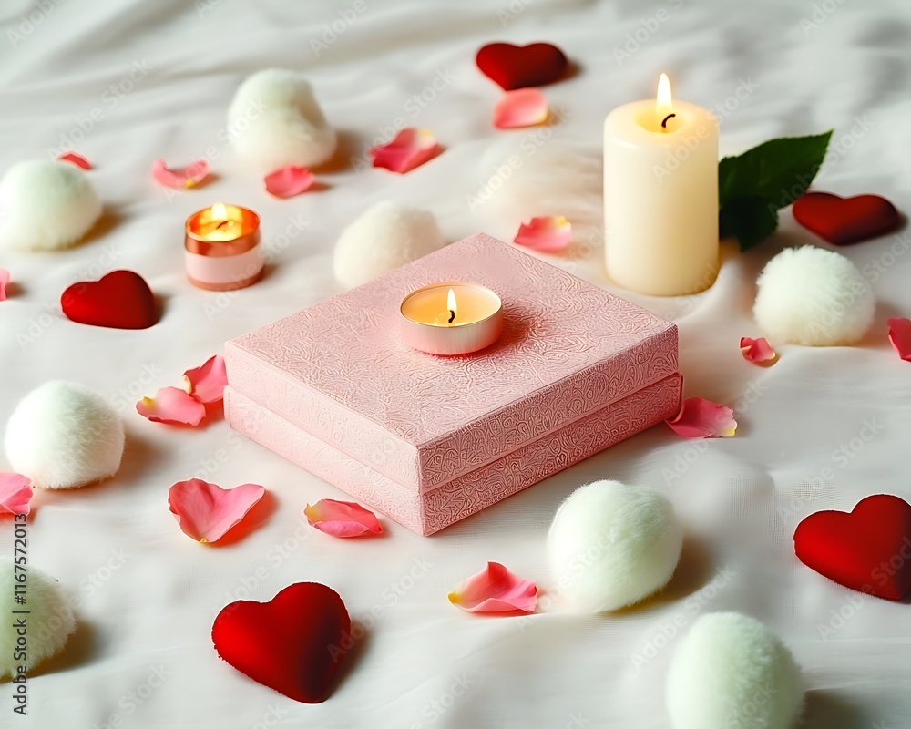 Romantic setting with candles, hearts, petals, and cotton. Romantic setting with candles, hearts, petals, and cotton.
