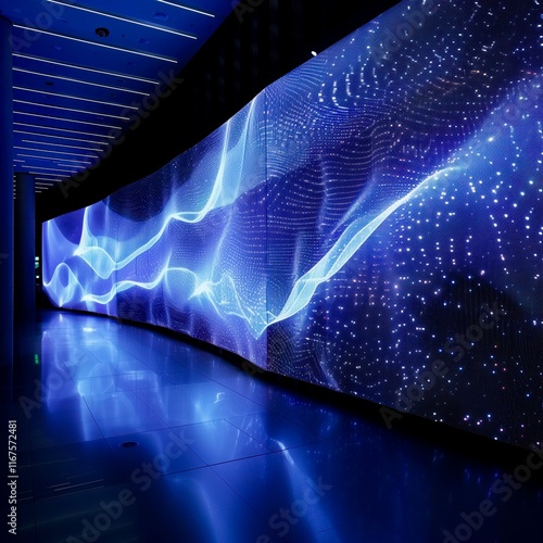 Modern digital art installation creates a captivating visual experience in a brightly lit urban space at night