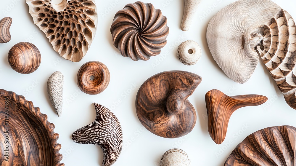 A top-view image of handmade wooden sculptures on a white background.--ar 16:9 A top-view image of handmade wooden sculptures on a white background.--ar 16:9