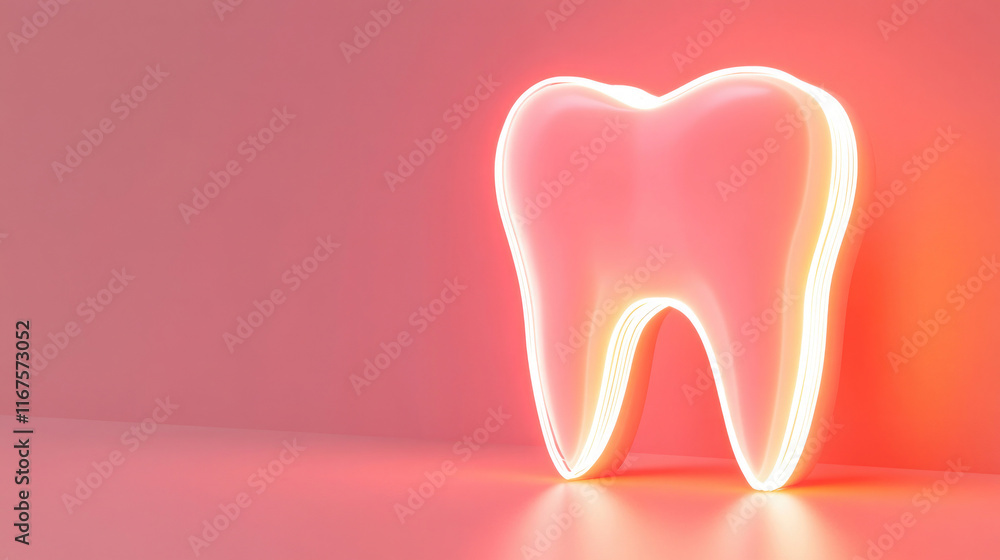 Bright neon tooth symbol illuminates a modern dental clinic interior