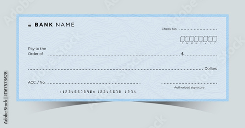 Blank Bank Chequebook. Money Payment Check Background Template. Secure Business Financial Transactions Cheque. Empty Cash Checkbook for Donations, Coupons, and Winner Award