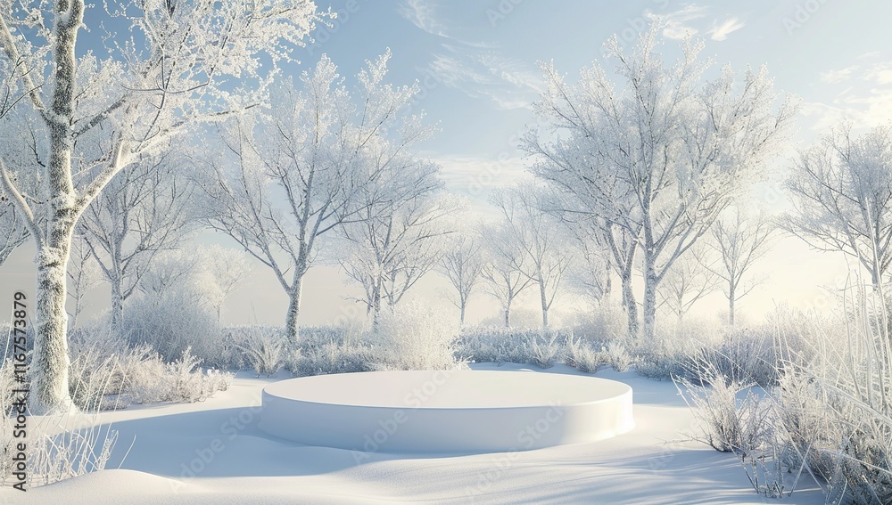 Frosted Winter Landscape with Circular Platform and Snowy Trees Frosted Winter Landscape with Circular Platform and Snowy Trees